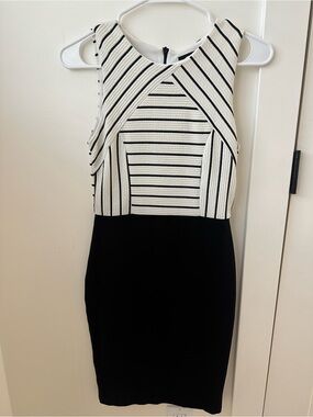 Lulu's Black & White Striped Ponte Midi Sheath Dress